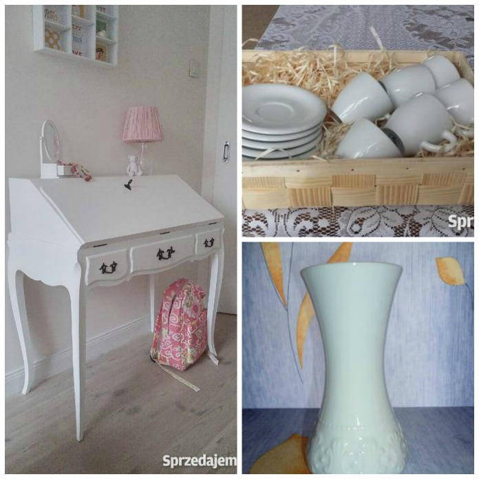 Romatyczna toaletka, porcelanowe filiżanki i wazony na kwiaty
